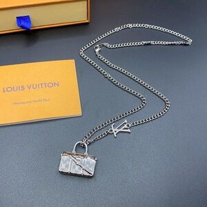 Unisex Louis Vuitton Silver Monogram Trunk Pendant Double Layer Necklace